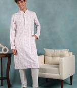 Men pink viscose rayon floral embroidered straight kurta