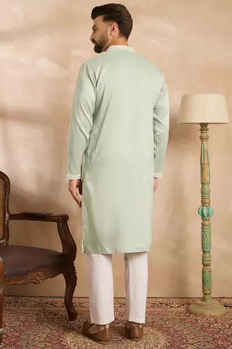 Men green silk blend geometric embroidered straight kurta sets