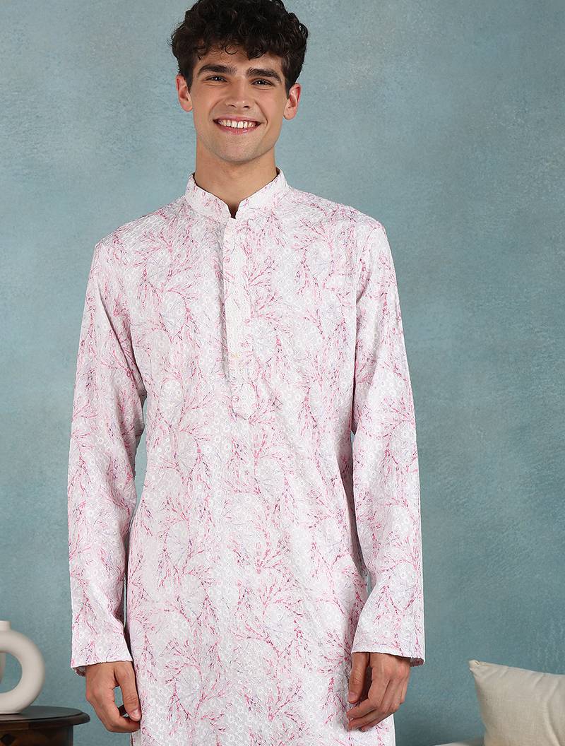 Men pink viscose rayon floral embroidered straight kurta