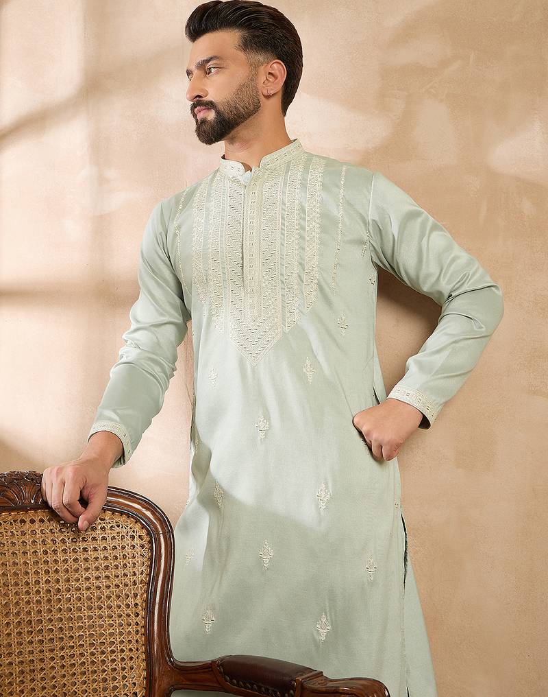 Men green silk blend geometric embroidered straight kurta sets