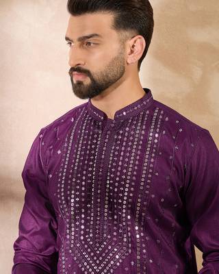 Men purple silk blend geometric embroidered straight kurta sets 1