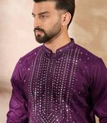 Men purple silk blend geometric embroidered straight kurta sets