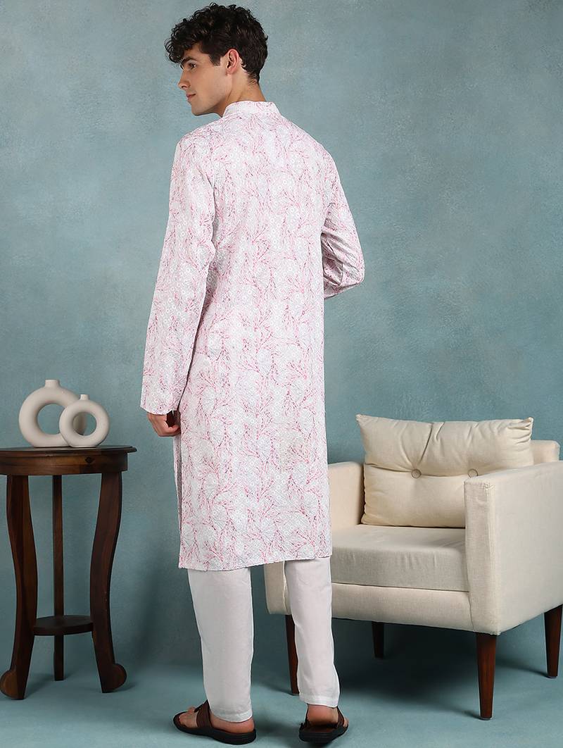 Men pink viscose rayon floral embroidered straight kurta