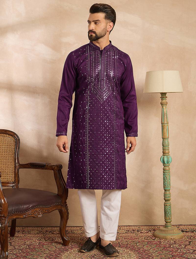 Men purple silk blend geometric embroidered straight kurta sets