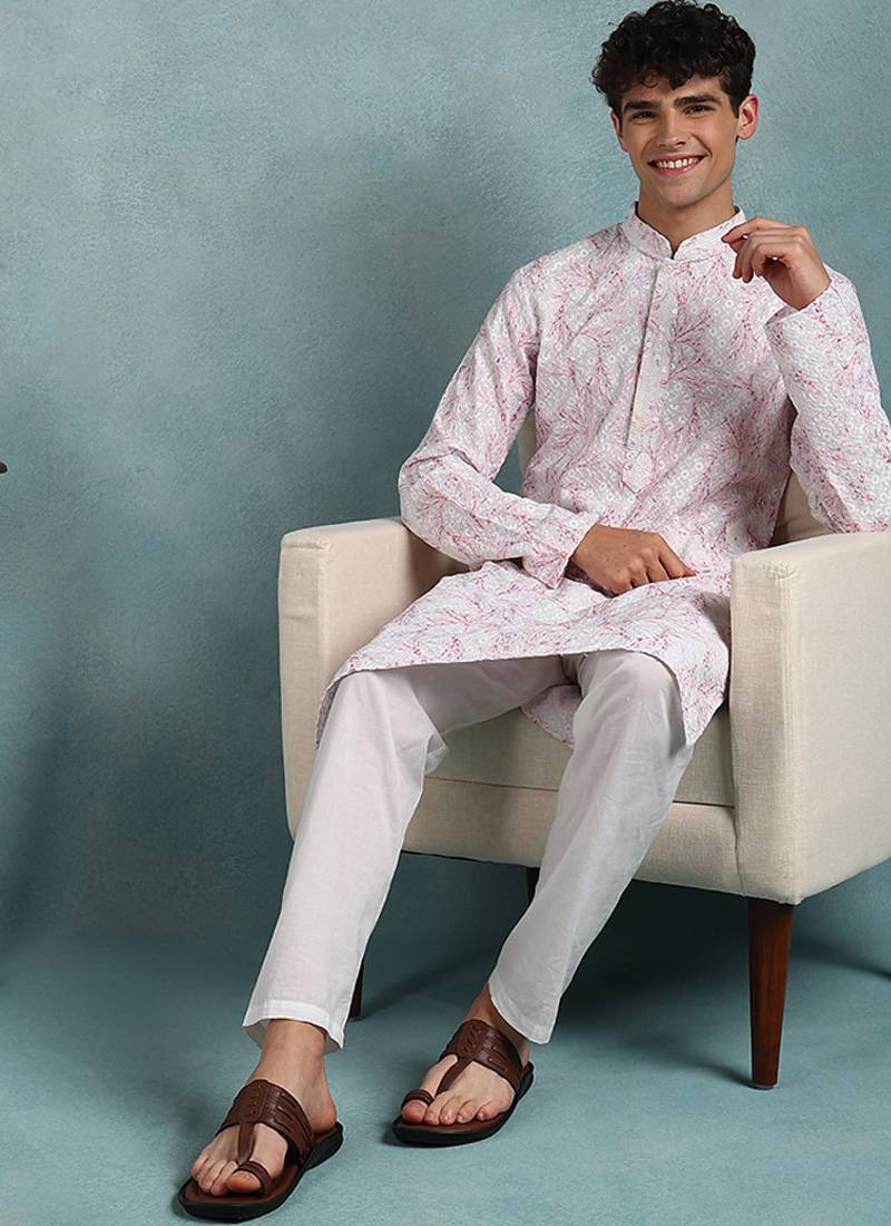 Men pink viscose rayon floral embroidered straight kurta