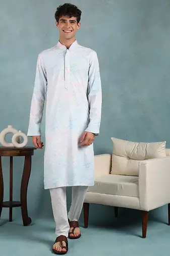 Men blue viscose rayon abstract embroidered straight kurta