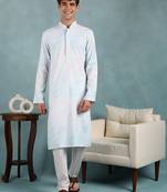 Men blue viscose rayon abstract embroidered straight kurta
