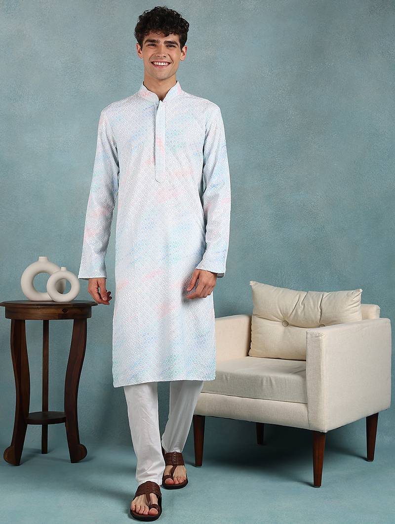 Men blue viscose rayon abstract embroidered straight kurta