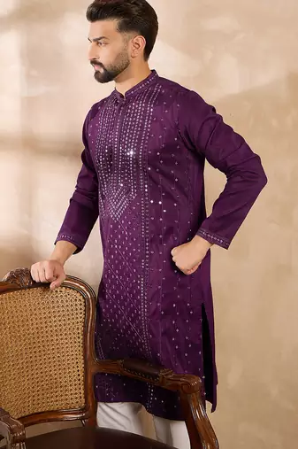 Men purple silk blend geometric embroidered straight kurta sets