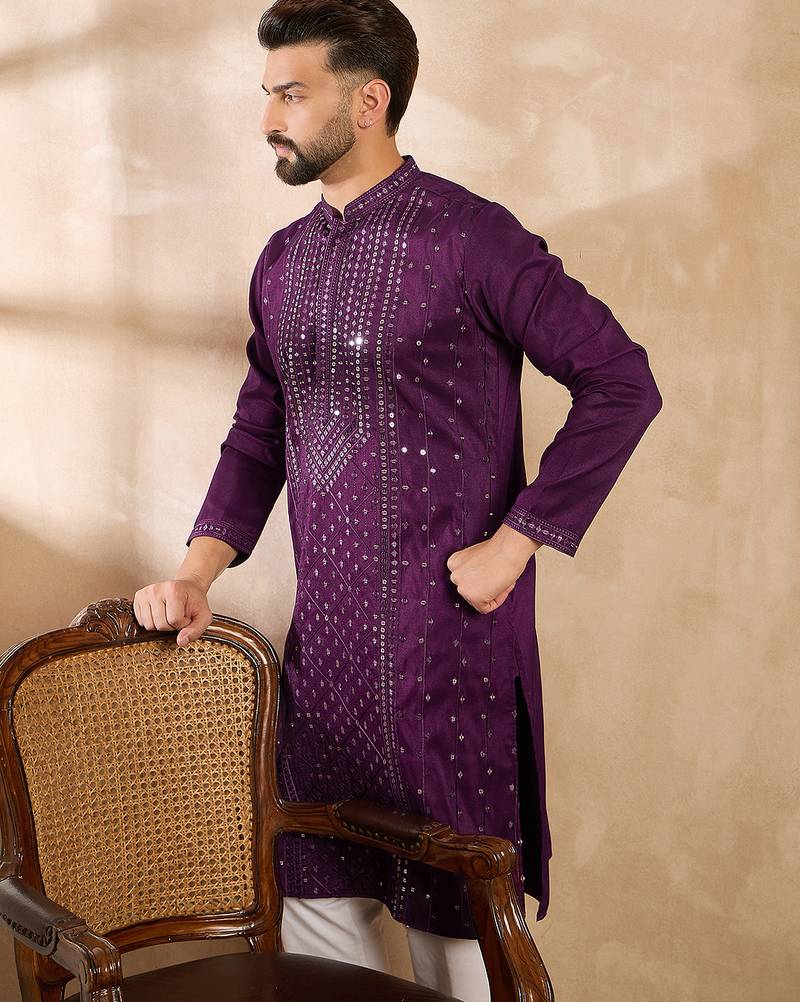 Men purple silk blend geometric embroidered straight kurta sets