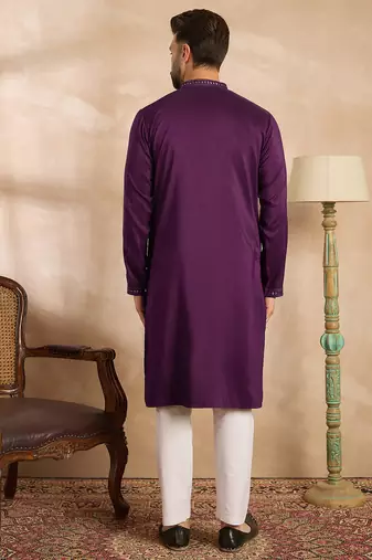 Men purple silk blend geometric embroidered straight kurta sets
