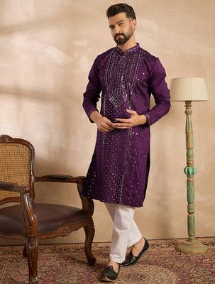 Men purple silk blend geometric embroidered straight kurta sets 5