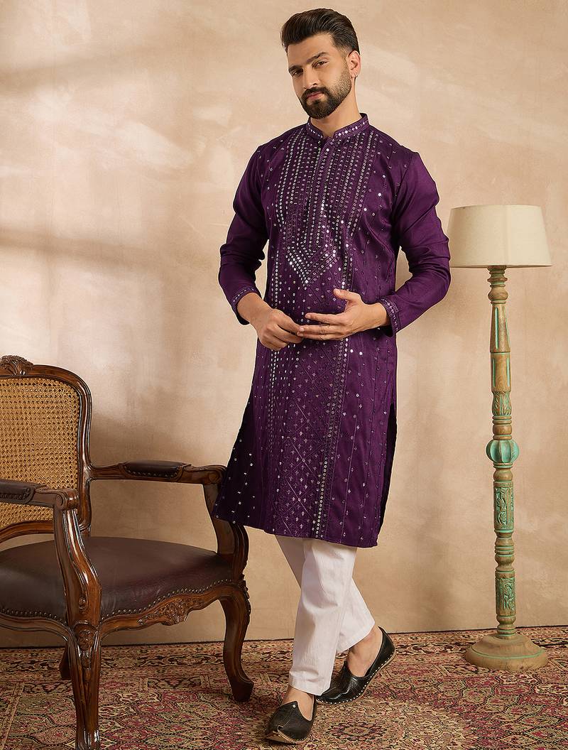 Men purple silk blend geometric embroidered straight kurta sets