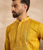 Men yellow silk blend geometric embroidered straight kurta sets