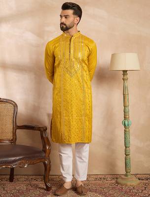 Men yellow silk blend geometric embroidered straight kurta sets 2