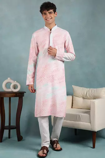 Men peach viscose rayon floral embroidered straight kurta