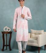 Men peach viscose rayon floral embroidered straight kurta
