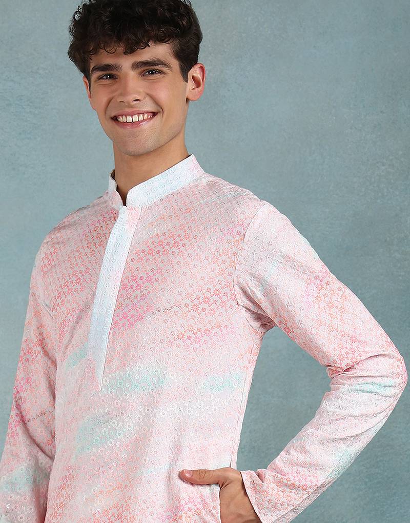 Men peach viscose rayon floral embroidered straight kurta