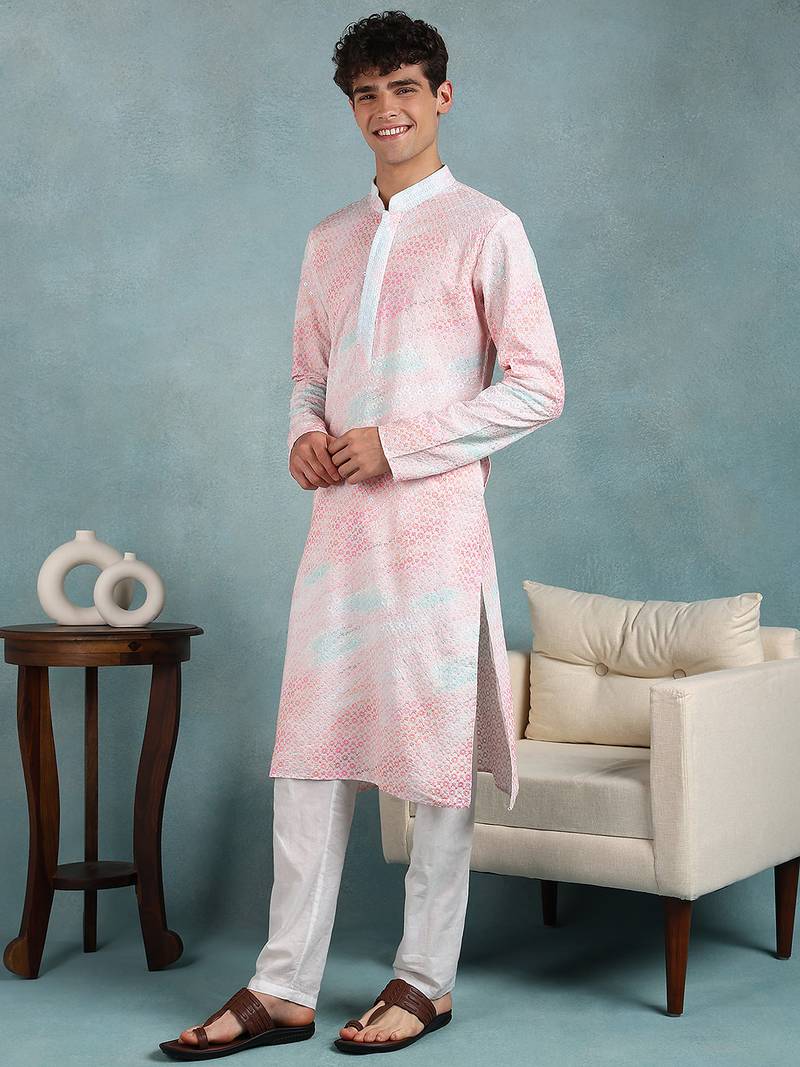 Men peach viscose rayon floral embroidered straight kurta