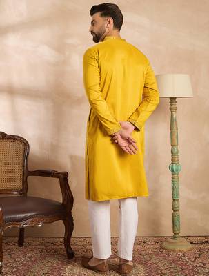 Men yellow silk blend geometric embroidered straight kurta sets 4
