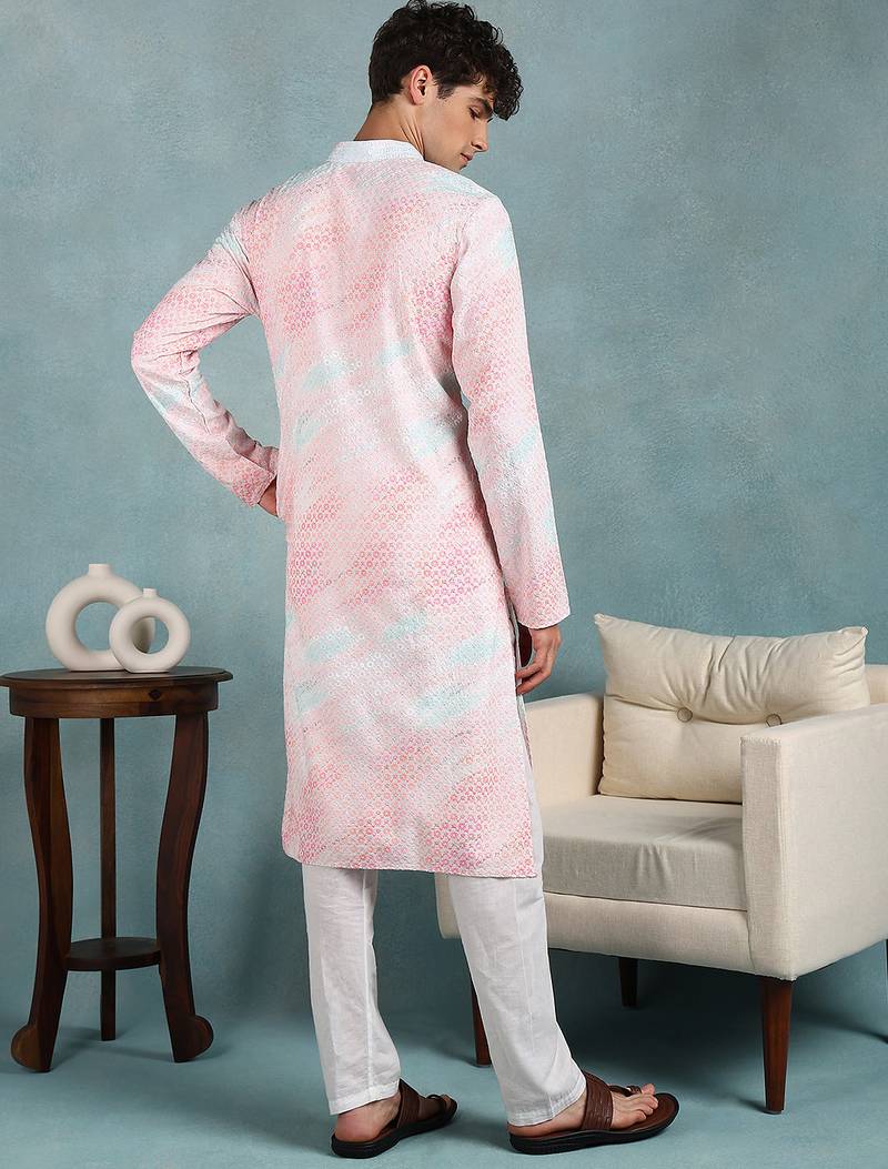 Men peach viscose rayon floral embroidered straight kurta