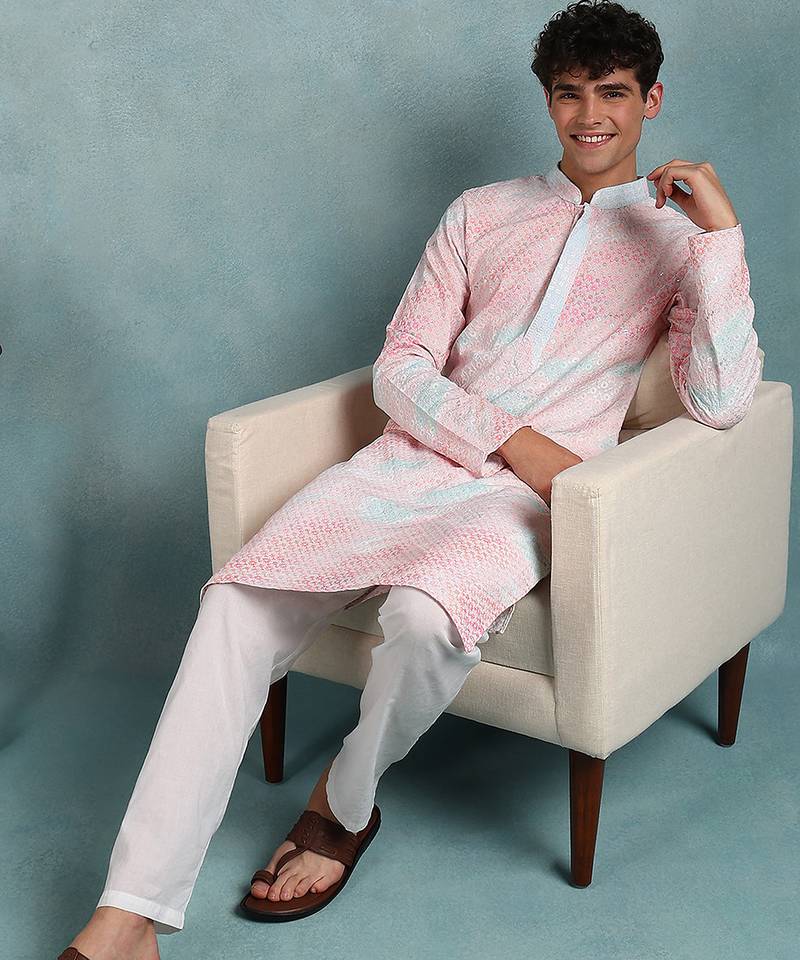 Men peach viscose rayon floral embroidered straight kurta