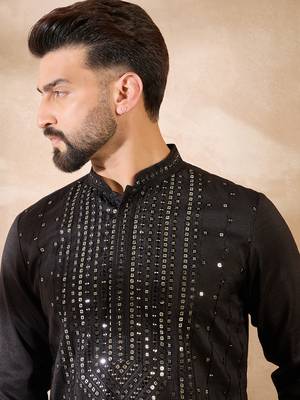 Men black silk blend geometric embroidered straight kurta sets 1