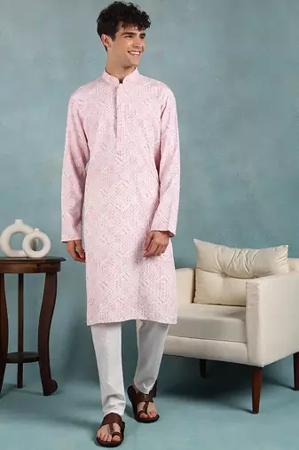 Men pink viscose rayon abstract embroidered straight kurta