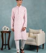 Men pink viscose rayon abstract embroidered straight kurta