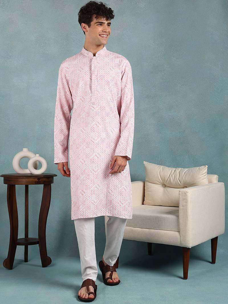 Men pink viscose rayon abstract embroidered straight kurta