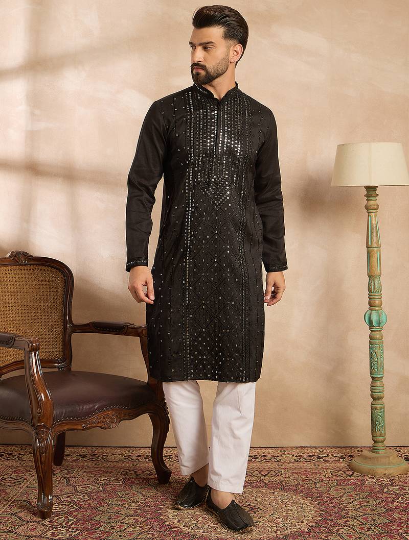 Men black silk blend geometric embroidered straight kurta sets