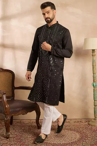 Men black silk blend geometric embroidered straight kurta sets