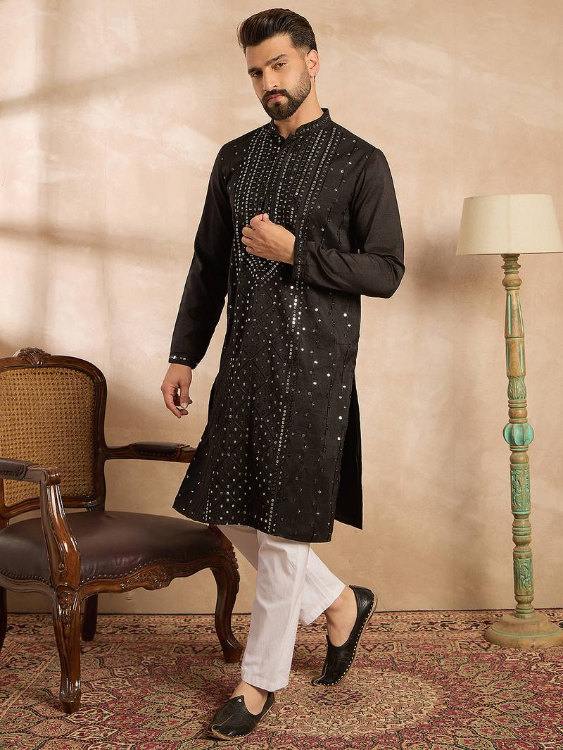 Men black silk blend geometric embroidered straight kurta sets