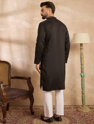 Men black silk blend geometric embroidered straight kurta sets 4