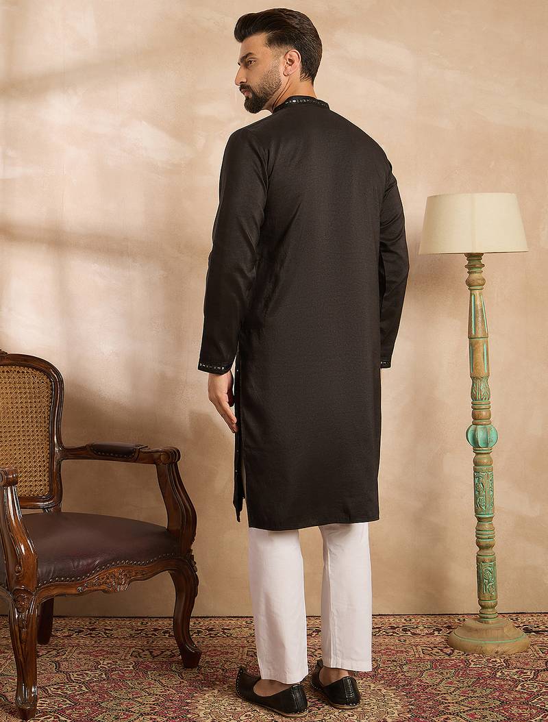 Men black silk blend geometric embroidered straight kurta sets
