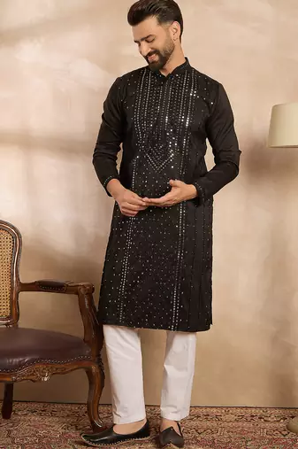 Men black silk blend geometric embroidered straight kurta sets