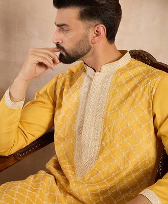 Men yellow silk blend solid embroidered straight kurta sets 1