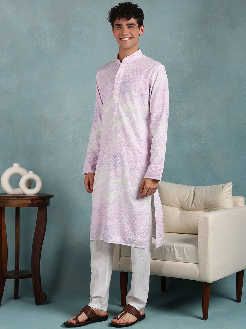 Men purple viscose rayon abstract embroidered straight kurta