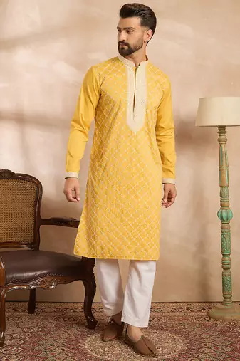 Men yellow silk blend solid embroidered straight kurta sets