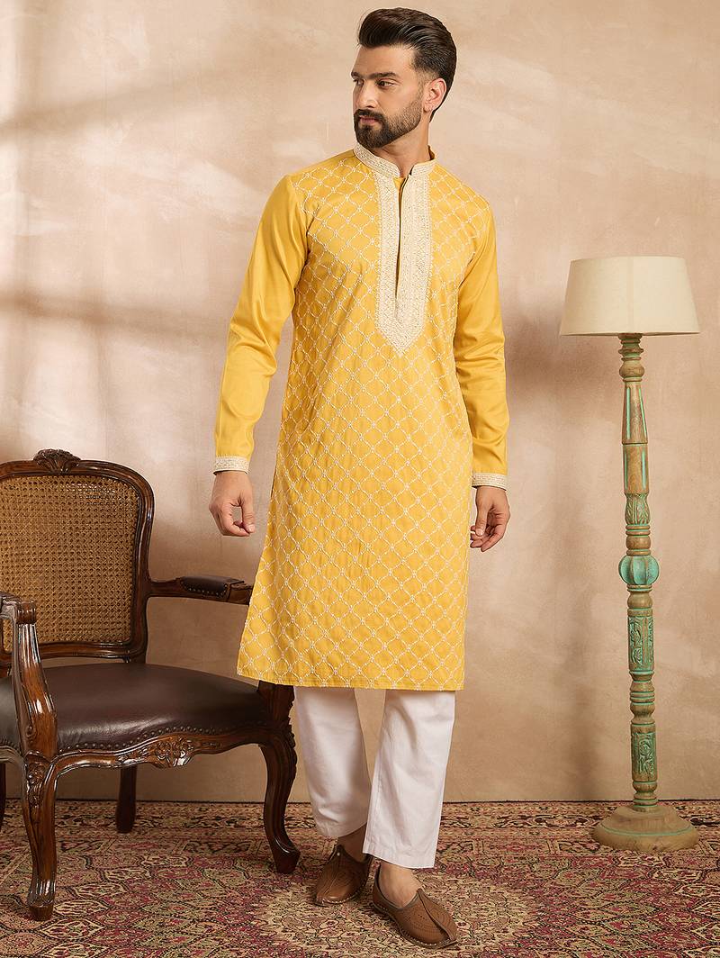 Men yellow silk blend solid embroidered straight kurta sets