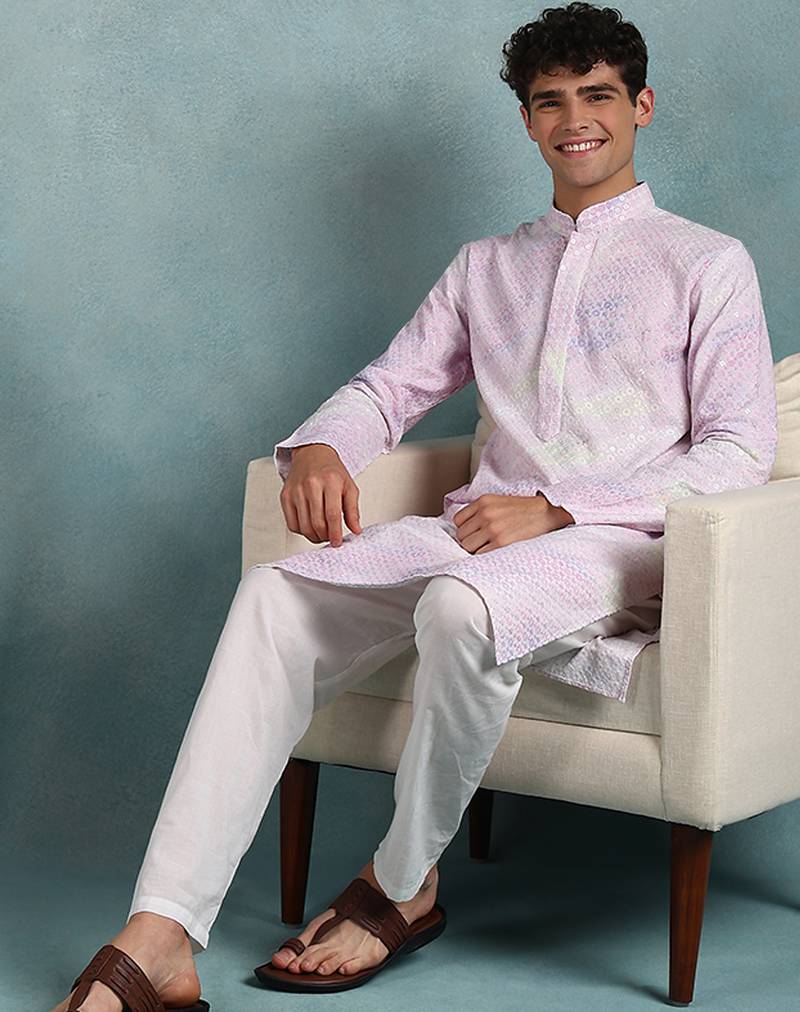 Men purple viscose rayon abstract embroidered straight kurta