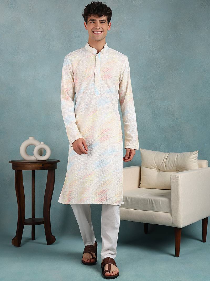 Men yellow viscose rayon abstract embroidered straight kurta