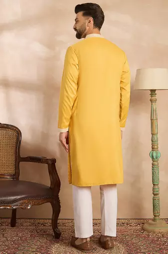 Men yellow silk blend solid embroidered straight kurta sets