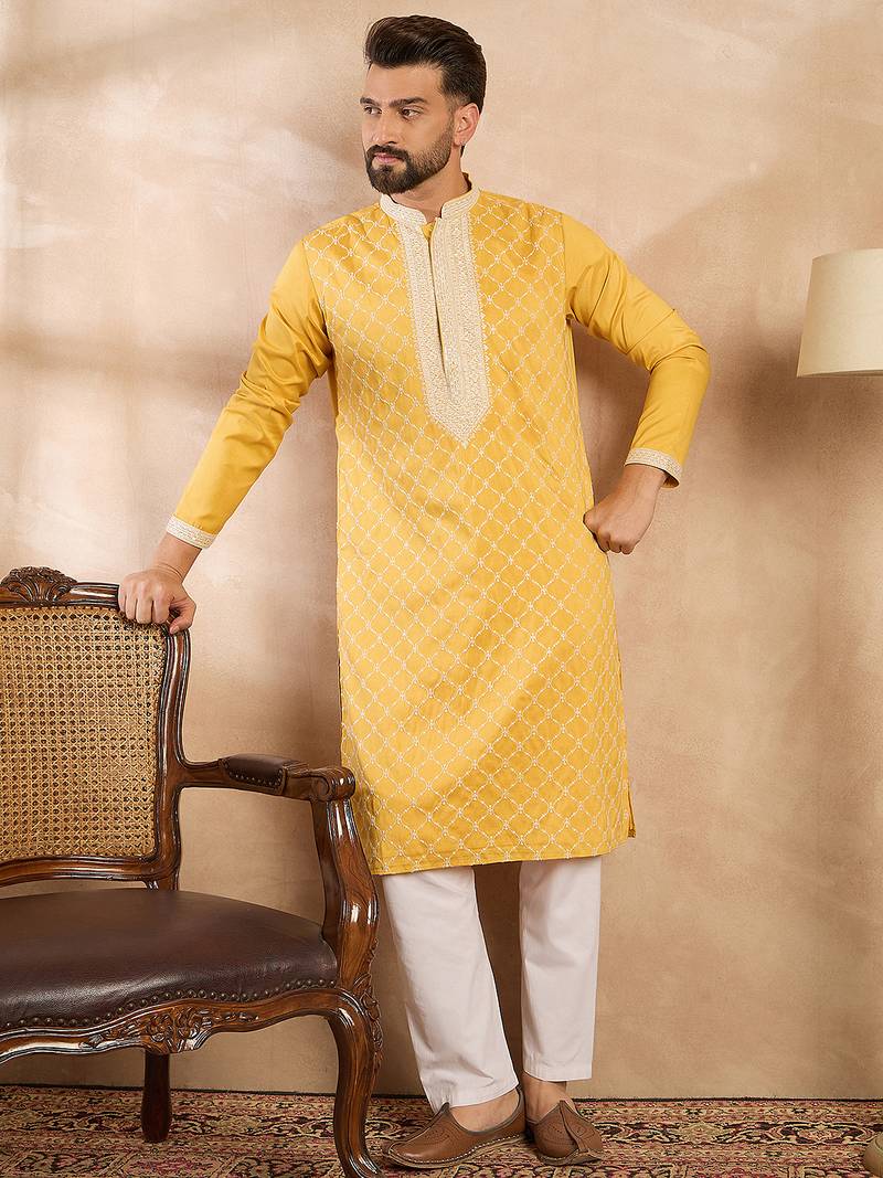 Men yellow silk blend solid embroidered straight kurta sets