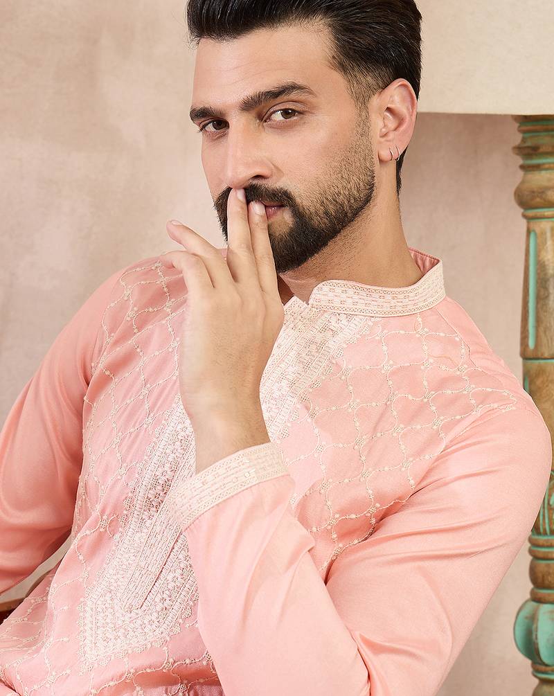 Men pink silk blend ethnic motifs embroidered straight kurta with trouser
