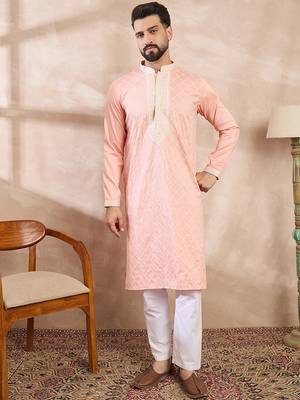 Men pink silk blend ethnic motifs embroidered straight kurta with trouser 2