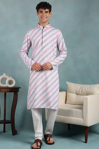 Men pink viscose rayon leheriya embroidered straight kurta