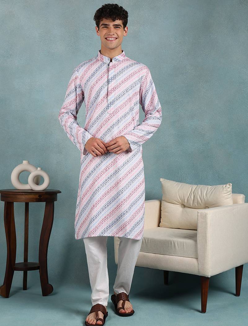 Men pink viscose rayon leheriya embroidered straight kurta