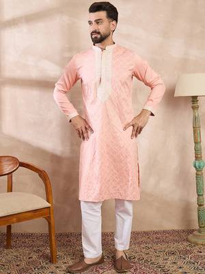 Men pink silk blend ethnic motifs embroidered straight kurta with trouser 5