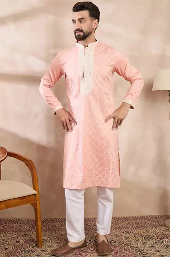 Men pink silk blend ethnic motifs embroidered straight kurta with trouser